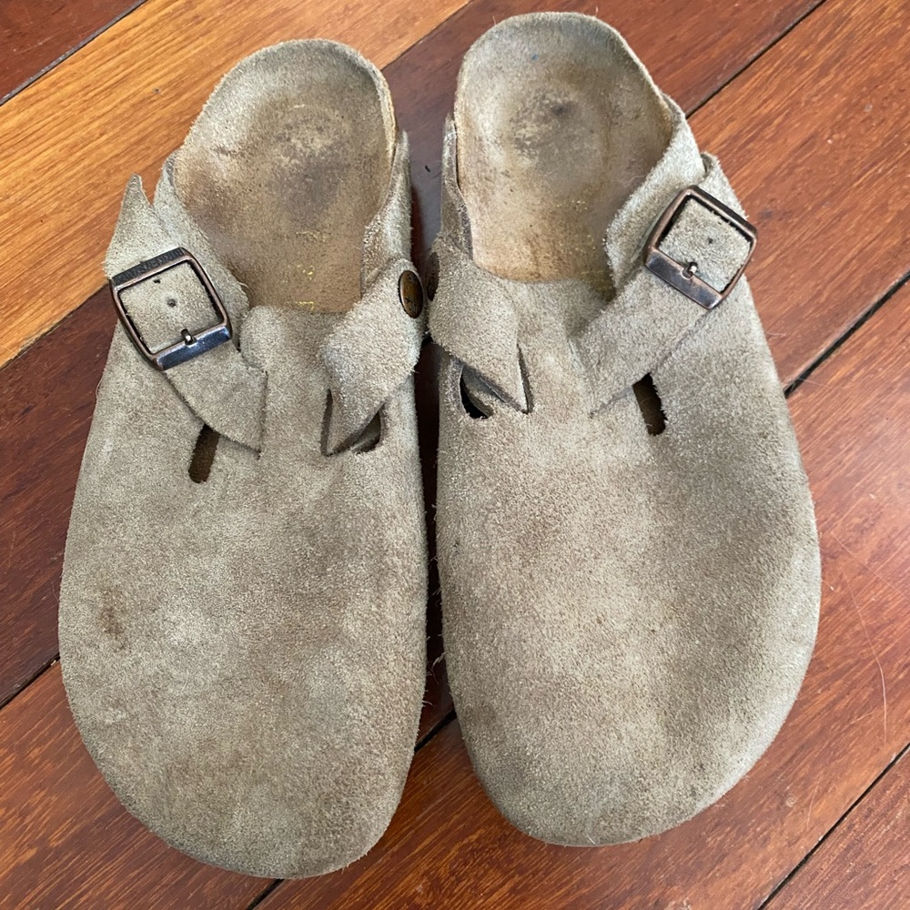 Birkenstock Suede Buckle Slip-On Clogs, size 38 women’s shoes